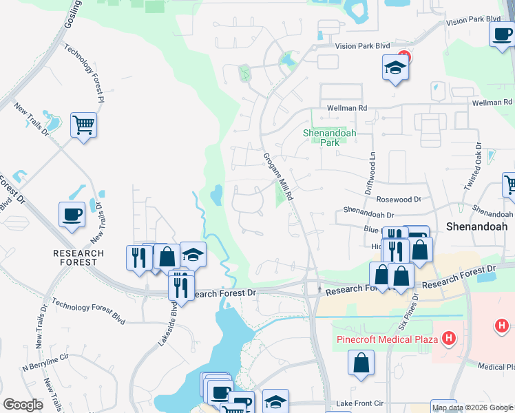 map of restaurants, bars, coffee shops, grocery stores, and more near 61 South Parkgate Circle in Spring