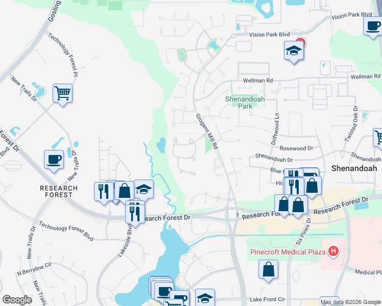 map of restaurants, bars, coffee shops, grocery stores, and more near 61 South Parkgate Circle in Spring