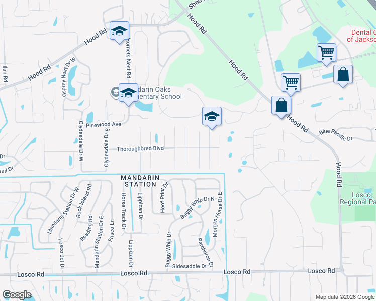 map of restaurants, bars, coffee shops, grocery stores, and more near 5318 Thoroughbred Boulevard in Jacksonville
