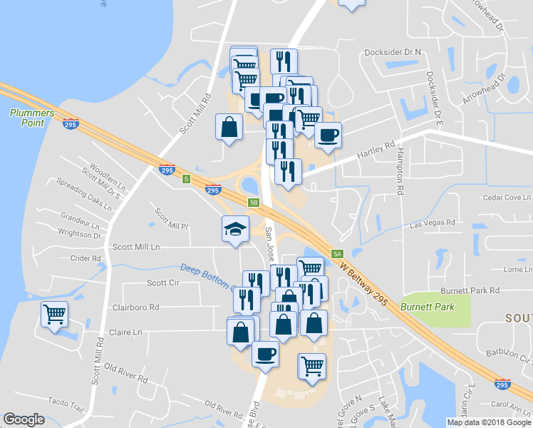map of restaurants, bars, coffee shops, grocery stores, and more near 10752 San Jose Boulevard in Jacksonville