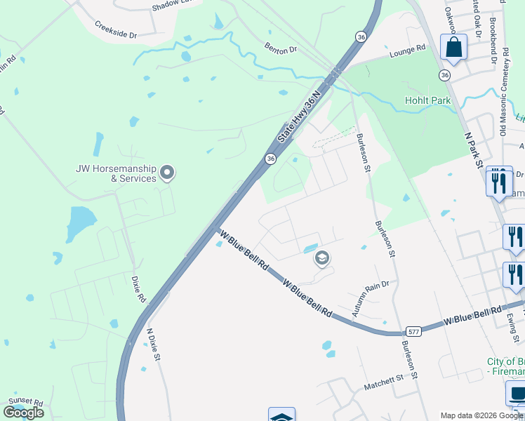 map of restaurants, bars, coffee shops, grocery stores, and more near 1484-2032 Texas 36 in Brenham