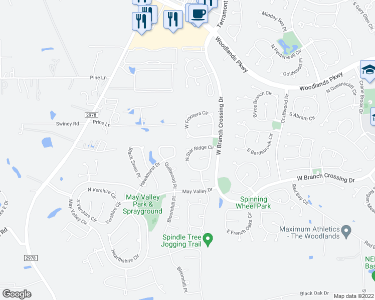 map of restaurants, bars, coffee shops, grocery stores, and more near 46 Rookwood Court in Spring