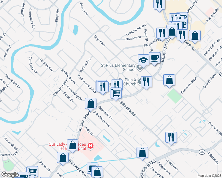 map of restaurants, bars, coffee shops, grocery stores, and more near 2-98 Wentworth Boulevard in Lafayette