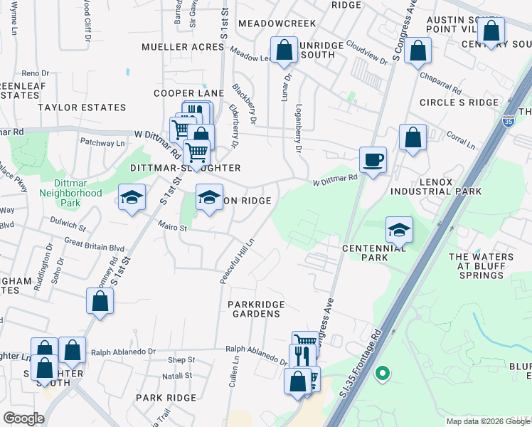 map of restaurants, bars, coffee shops, grocery stores, and more near 7900 Peaceful Hill Lane in Austin