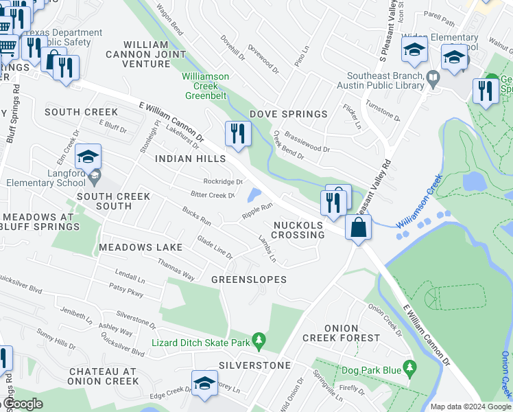 map of restaurants, bars, coffee shops, grocery stores, and more near 6608 Ripple Run in Austin