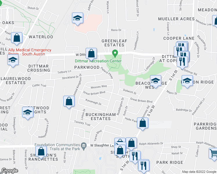 map of restaurants, bars, coffee shops, grocery stores, and more near 905 Wessex Way in Austin