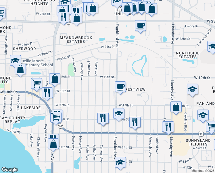 map of restaurants, bars, coffee shops, grocery stores, and more near 2200 West 18th Street in Panama City
