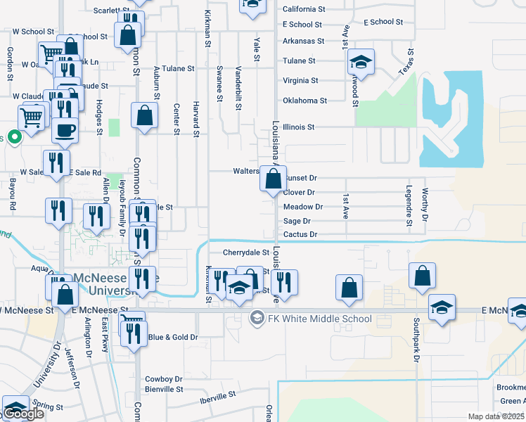 map of restaurants, bars, coffee shops, grocery stores, and more near 1001 McDonald Drive in Lake Charles