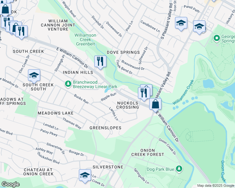 map of restaurants, bars, coffee shops, grocery stores, and more near 6601 Ripple Run in Austin
