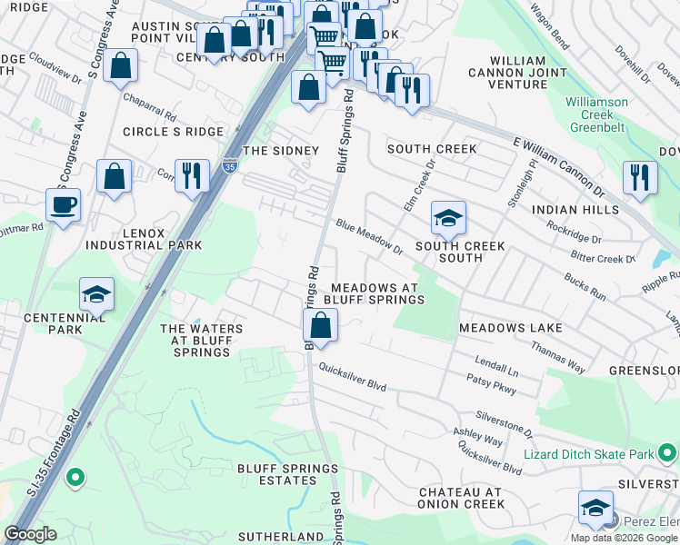 map of restaurants, bars, coffee shops, grocery stores, and more near 7203 Alegre Pass in Austin