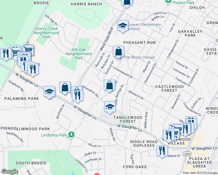 map of restaurants, bars, coffee shops, grocery stores, and more near 9706 Sugar Hill Drive in Austin