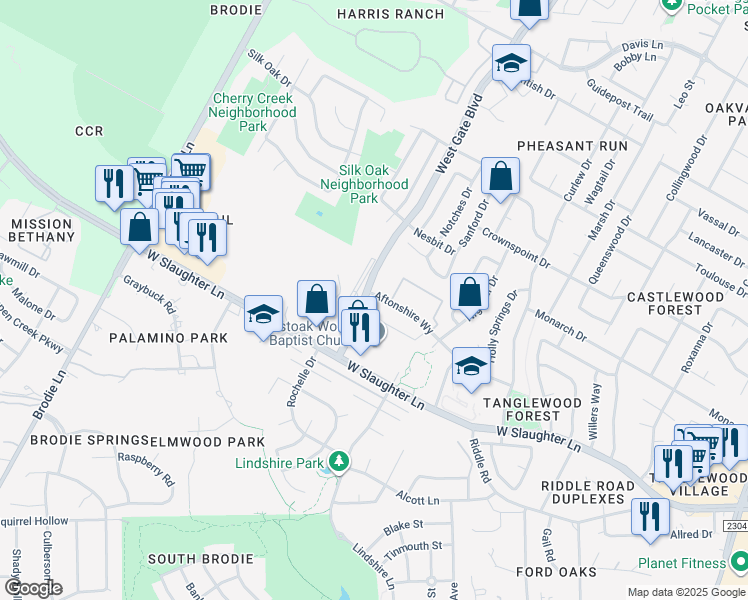 map of restaurants, bars, coffee shops, grocery stores, and more near 3008 Aftonshire Way in Austin