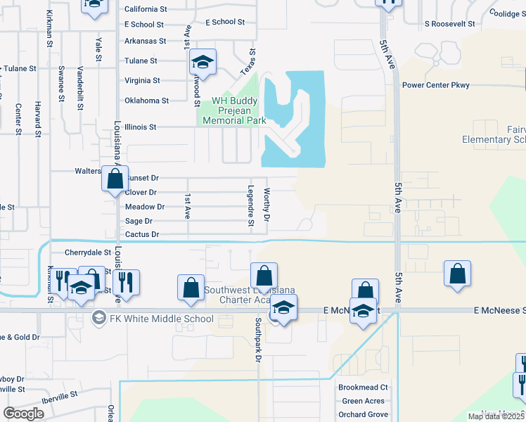 map of restaurants, bars, coffee shops, grocery stores, and more near 4204 Worthy Drive in Lake Charles