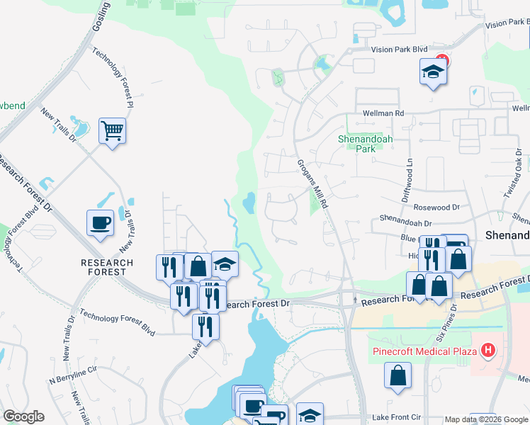 map of restaurants, bars, coffee shops, grocery stores, and more near 37 South Parkgate Circle in Spring