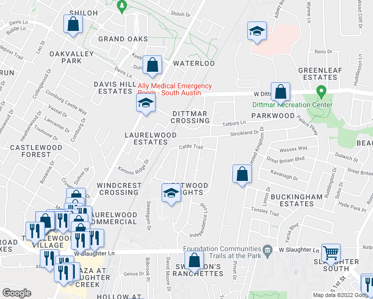 map of restaurants, bars, coffee shops, grocery stores, and more near 1507 Cattle Trail in Austin