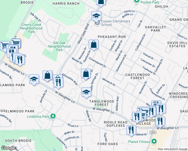 map of restaurants, bars, coffee shops, grocery stores, and more near 9614 Holly Springs Drive in Austin