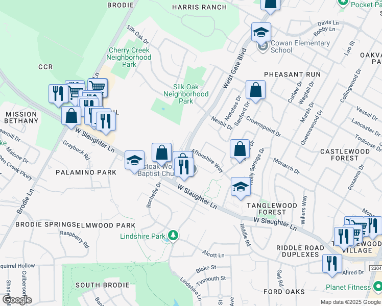 map of restaurants, bars, coffee shops, grocery stores, and more near 2915 Aftonshire Way in Austin