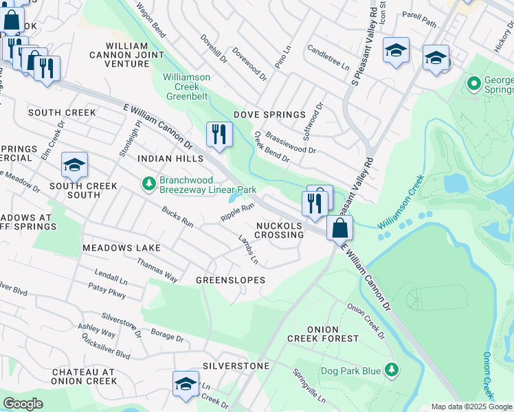 map of restaurants, bars, coffee shops, grocery stores, and more near 6601 Ripple Run in Austin