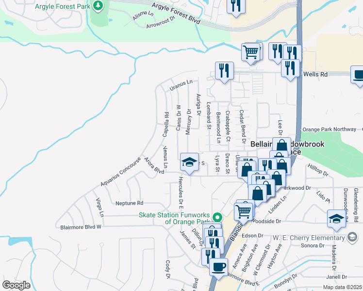 map of restaurants, bars, coffee shops, grocery stores, and more near 234 Canis Drive West in Orange Park