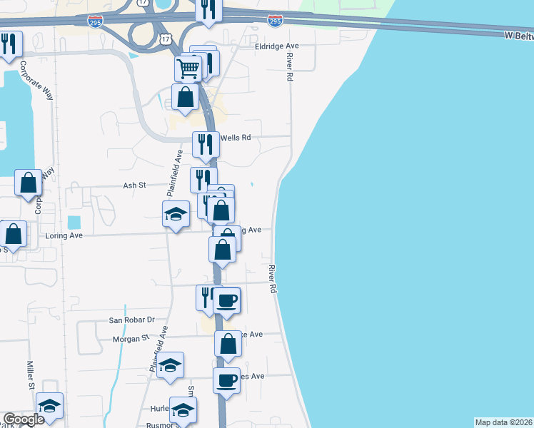map of restaurants, bars, coffee shops, grocery stores, and more near 718 River Road in Orange Park