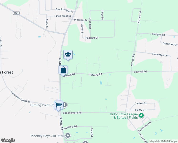 map of restaurants, bars, coffee shops, grocery stores, and more near 515 Sawmill Road in Vidor