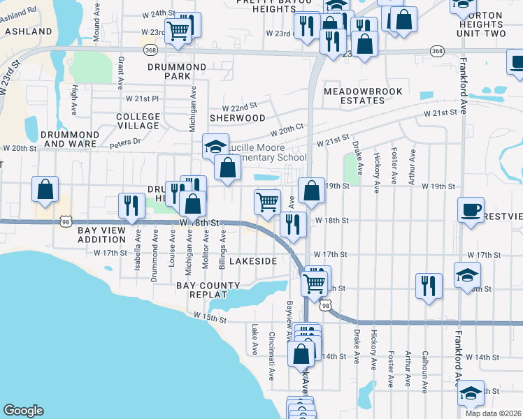 map of restaurants, bars, coffee shops, grocery stores, and more near 1804 Lake Avenue in Panama City