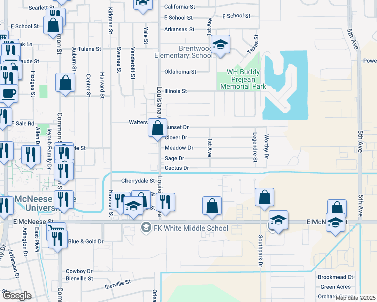 map of restaurants, bars, coffee shops, grocery stores, and more near 1312 Meadow Drive in Lake Charles