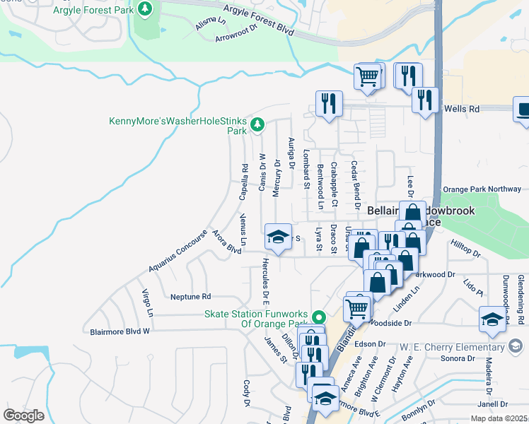 map of restaurants, bars, coffee shops, grocery stores, and more near 234 Canis Drive South in Orange Park