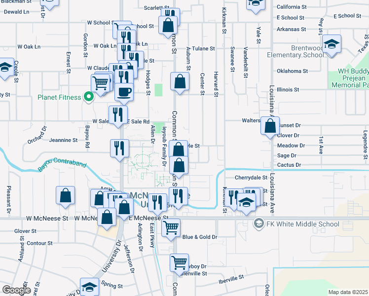 map of restaurants, bars, coffee shops, grocery stores, and more near 4204 Auburn Street in Lake Charles