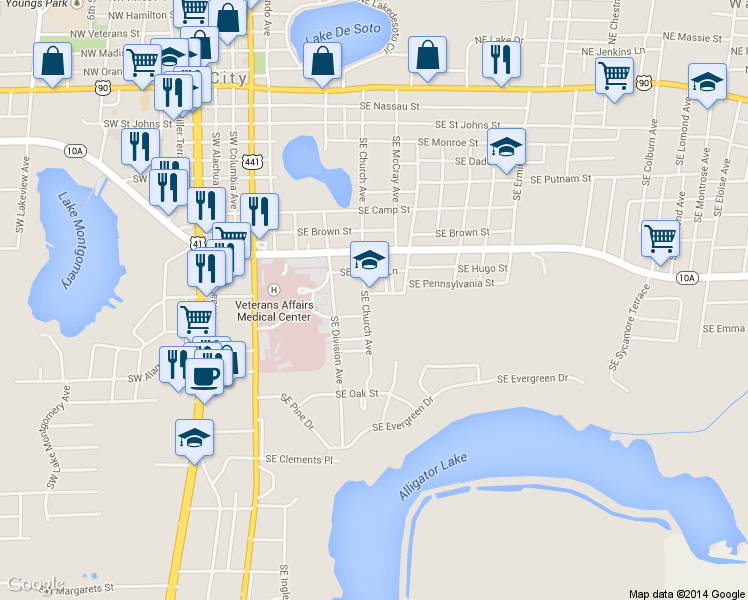 map of restaurants, bars, coffee shops, grocery stores, and more near 641 Southeast Church Avenue in Lake City