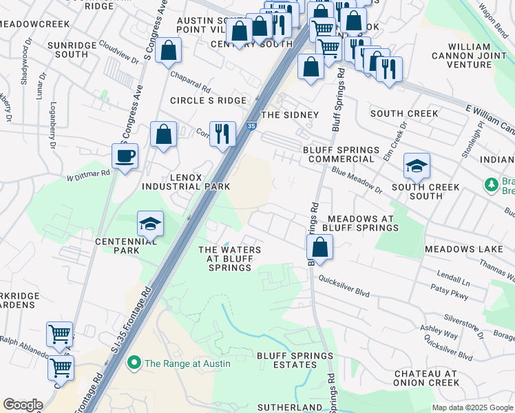 map of restaurants, bars, coffee shops, grocery stores, and more near 7222 Bluff Springs Road in Austin