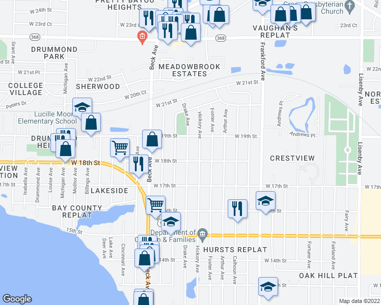 map of restaurants, bars, coffee shops, grocery stores, and more near 1804 Drake Ave in Panama City