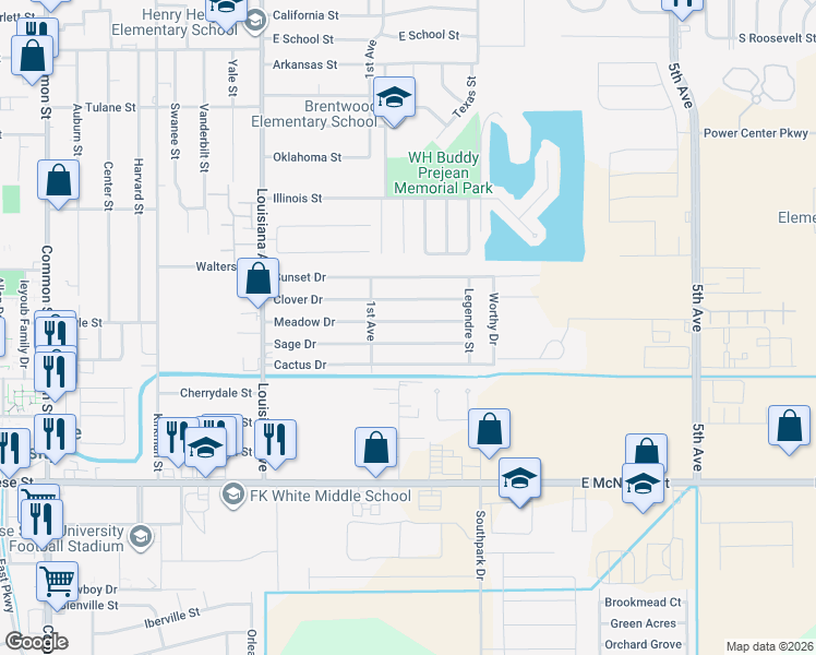map of restaurants, bars, coffee shops, grocery stores, and more near 1508 Meadow Drive in Lake Charles