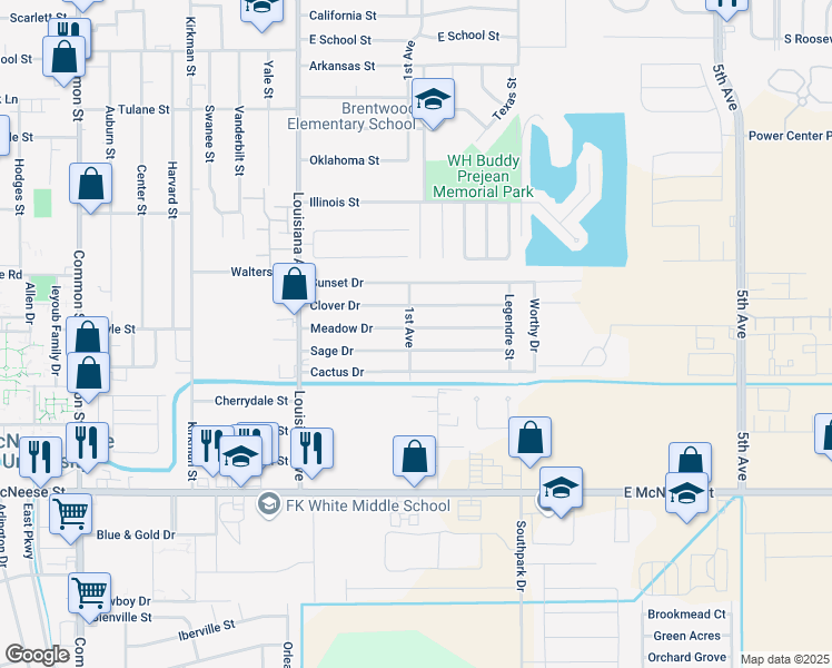 map of restaurants, bars, coffee shops, grocery stores, and more near 1400 Meadow Dr in Lake Charles