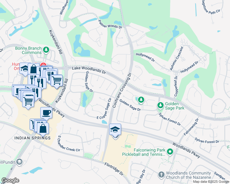 map of restaurants, bars, coffee shops, grocery stores, and more near 315 East Golden Arrow Circle in Spring