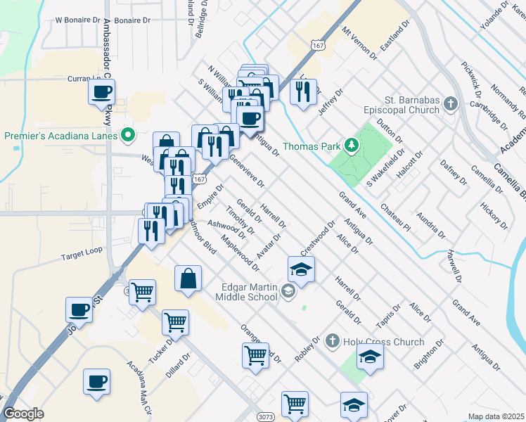 map of restaurants, bars, coffee shops, grocery stores, and more near 306 Harrell Dr in Lafayette