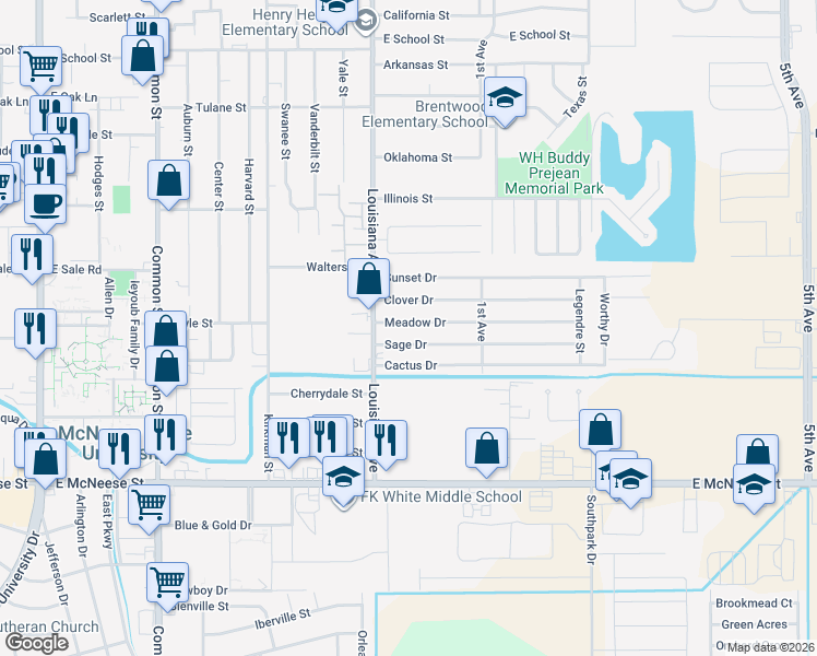 map of restaurants, bars, coffee shops, grocery stores, and more near 1200 Meadow Dr in Lake Charles
