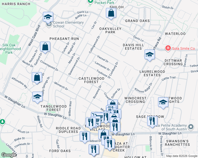 map of restaurants, bars, coffee shops, grocery stores, and more near 9303 Castlewood Drive in Austin