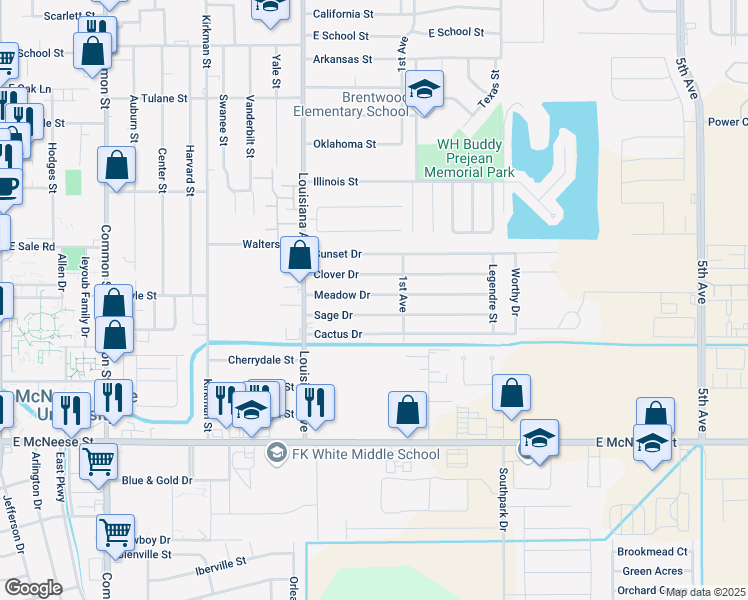 map of restaurants, bars, coffee shops, grocery stores, and more near 1312 Meadow Dr in Lake Charles