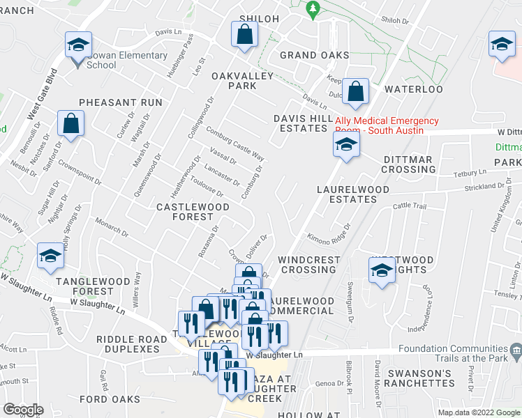 map of restaurants, bars, coffee shops, grocery stores, and more near 9200 Kempler Drive in Austin