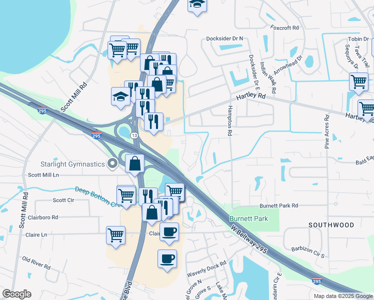 map of restaurants, bars, coffee shops, grocery stores, and more near 21 3200-1 Harapey Ap in Jacksonville