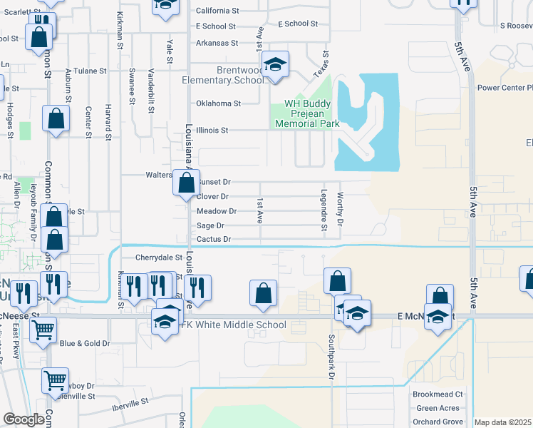 map of restaurants, bars, coffee shops, grocery stores, and more near 1400 Meadow Drive in Lake Charles