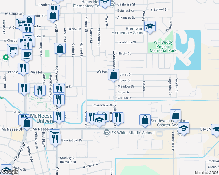 map of restaurants, bars, coffee shops, grocery stores, and more near 1001 McDonald Drive in Lake Charles