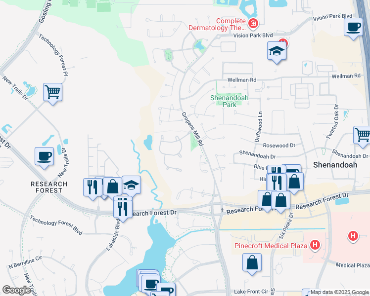 map of restaurants, bars, coffee shops, grocery stores, and more near 64 South Parkgate Circle in Shenandoah