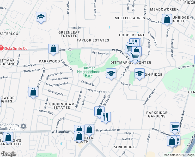 map of restaurants, bars, coffee shops, grocery stores, and more near 737 Wales Way in Austin