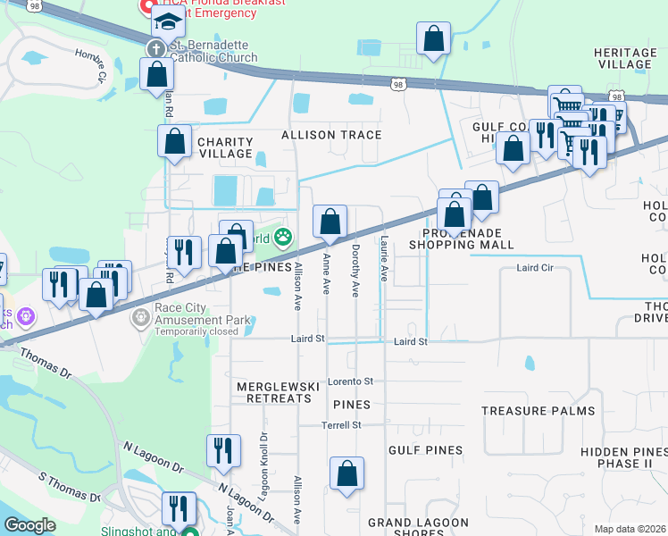 map of restaurants, bars, coffee shops, grocery stores, and more near 2007 Anne Avenue in Panama City Beach