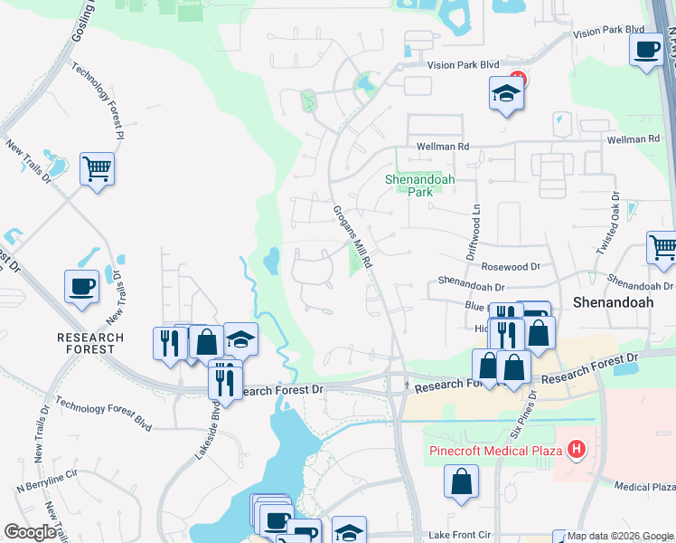 map of restaurants, bars, coffee shops, grocery stores, and more near 64 South Parkgate Circle in Shenandoah