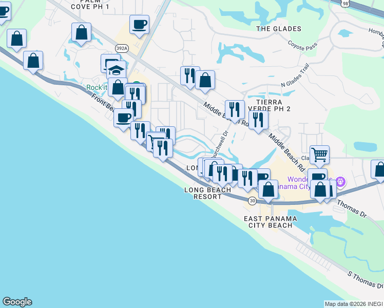 map of restaurants, bars, coffee shops, grocery stores, and more near 238 Grande Island Boulevard in Panama City Beach