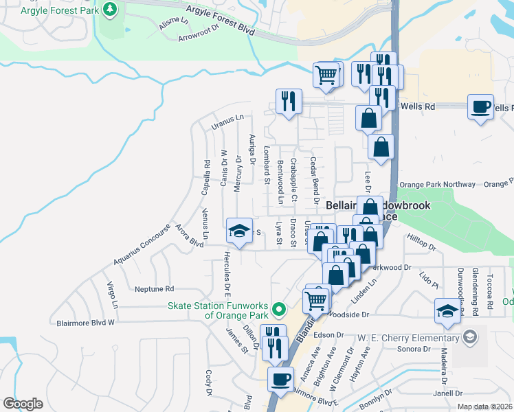map of restaurants, bars, coffee shops, grocery stores, and more near 806 Meadowbrook Drive in Orange Park