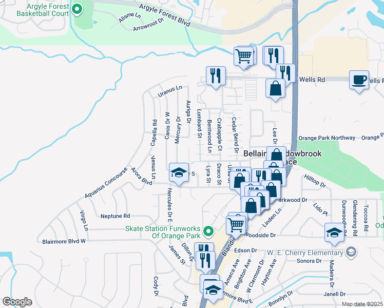 map of restaurants, bars, coffee shops, grocery stores, and more near 806 Meadowbrook Drive in Orange Park